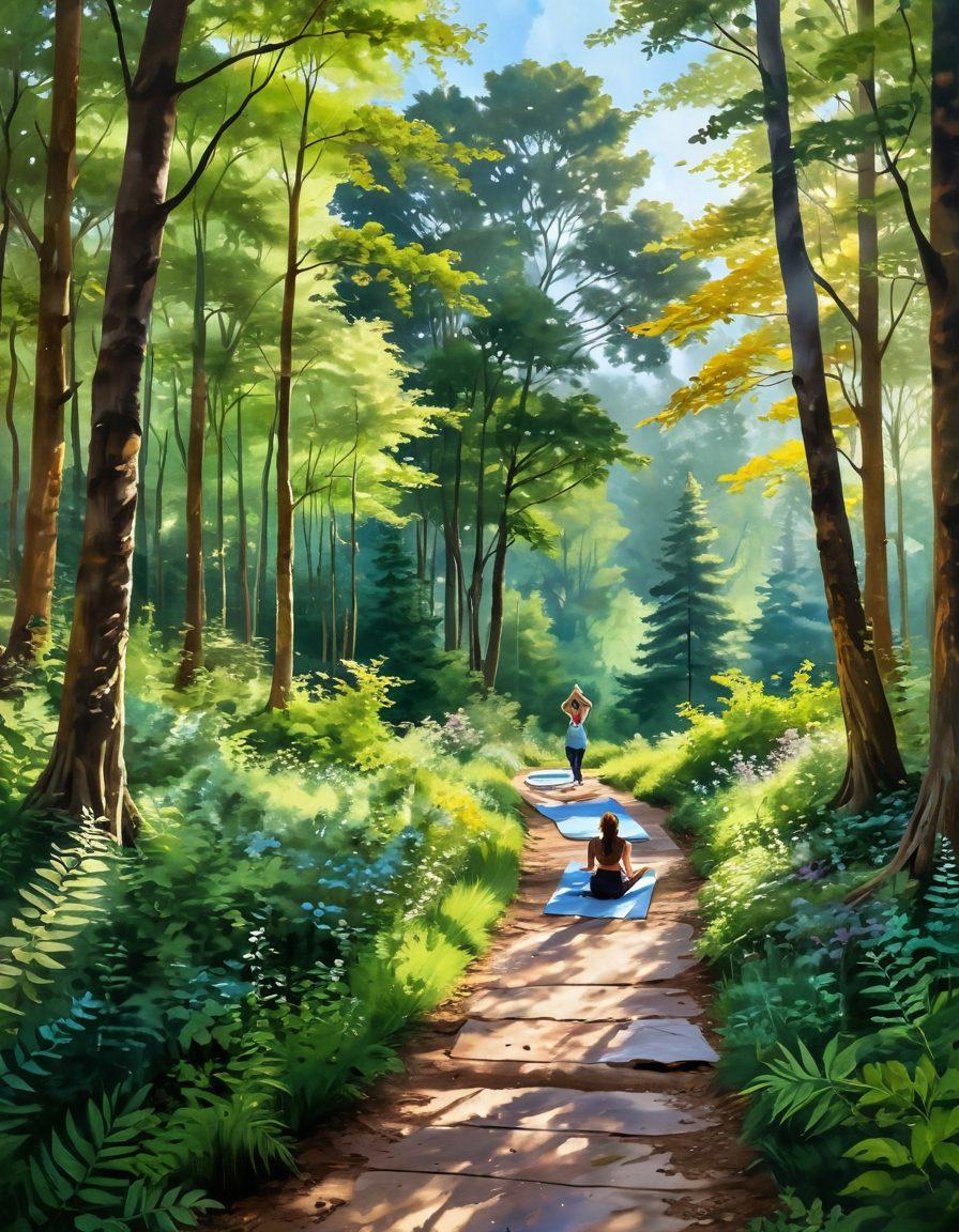 A serene landscape featuring a tranquil forest path winding through lush greenery, with a diverse group of people engaging in creative activities like painting, journaling, and practicing yoga. Lively colors accentuate the sunlight filtering through the trees, symbolizing wellness and creativity harmonizing together. Soft, fluffy clouds float above, creating a peaceful atmosphere. nature-inspired art, vibrant colors, 3D.