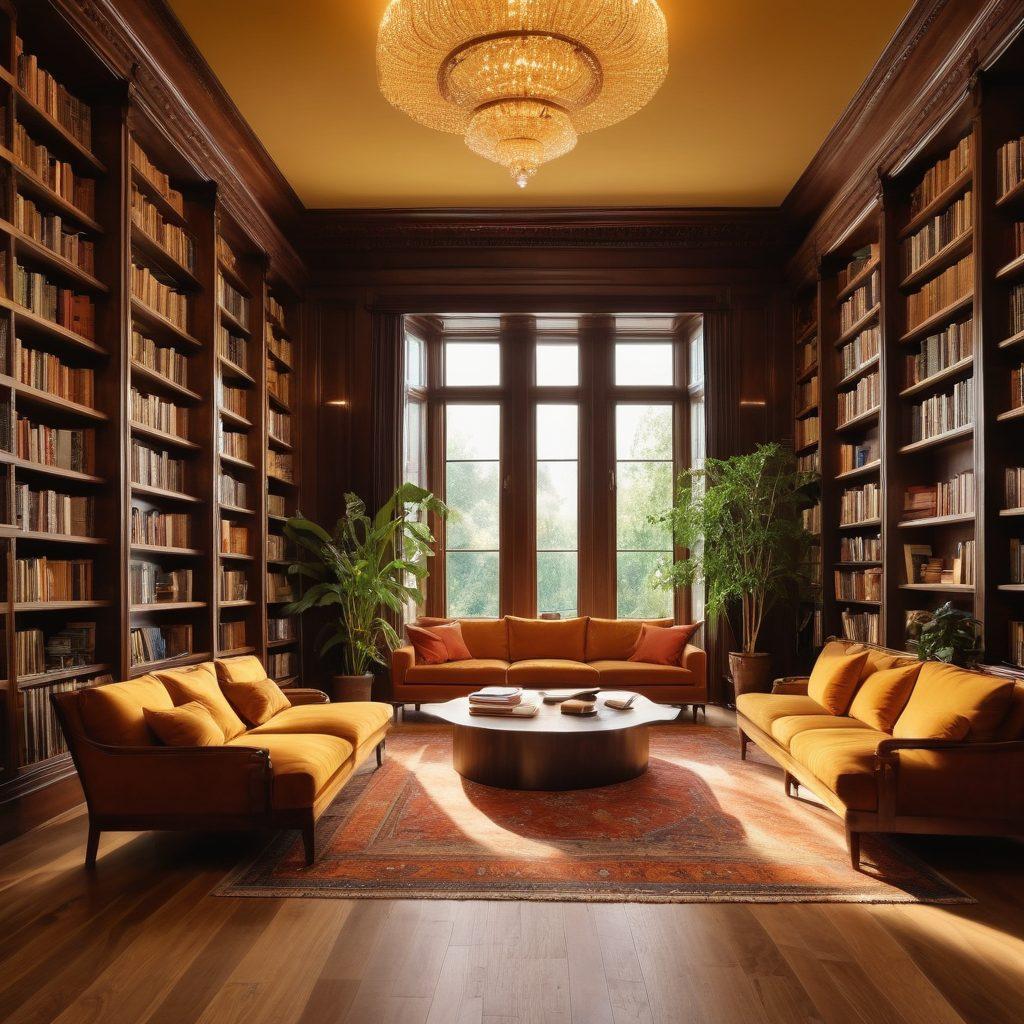 A luxurious library filled with gleaming books on wealth and mindfulness, with elegant seating areas surrounded by golden light. A diverse group of people engaging in discussion and learning, showcasing a sense of community and growth. The floor is covered in rich, dark wood, and shelves are lined with plants for a touch of nature. The scene conveys an atmosphere of refinement and lifelong learning. super-realistic. warm colors. bright accents.