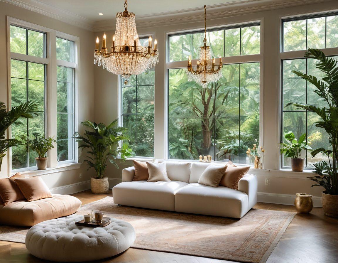 A serene and opulent setting featuring an elegant meditation space with plush cushions, lush greenery, and a beautiful crystal chandelier. Include a figure practicing mindfulness, surrounded by luxurious items like a diary and a steaming cup of herbal tea. Soft natural light filtering through large windows, creating a warm and inviting atmosphere. A subtle hint of gold accents to evoke a sense of luxury. super-realistic. vibrant colors. warm tones.